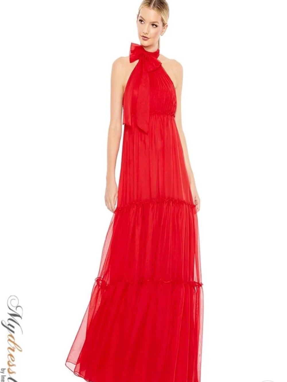 Mac Duggal Red Halter Bow-Tie Maxi Dress